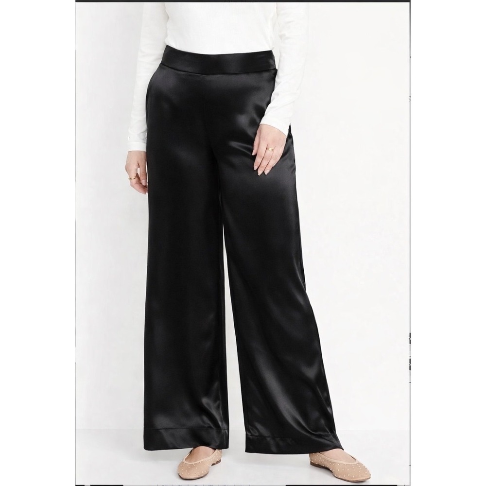 NWT Old Navy Black‎ High Rise Wide Leg Sateen Pants Women's 10 Silky Minimalist